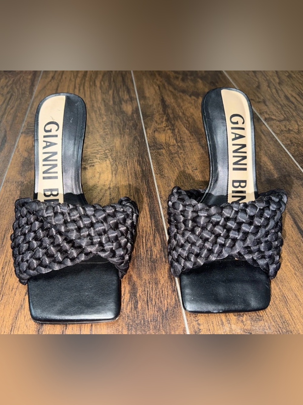 Gianni Bini Leather braided mule heels Square Peep Toe Black Women’s Size 7M - Picture 3 of 6